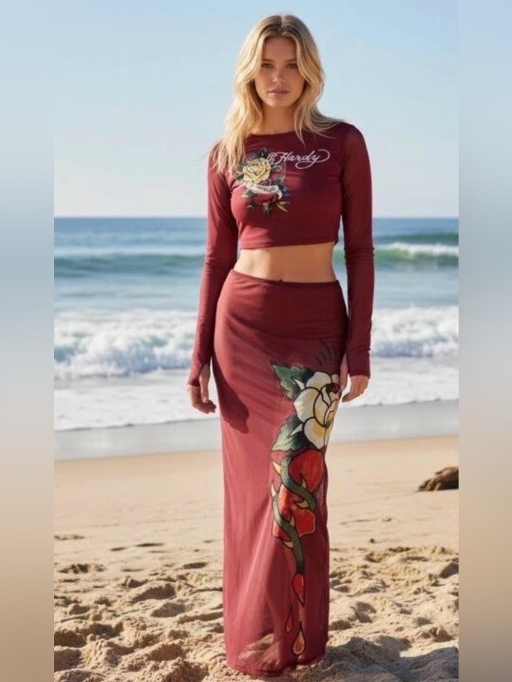 🆕  Ed Hardy Women  Red Mesh Cover Up Skirt Set Rose Tattoo Rhinestone Y2K L